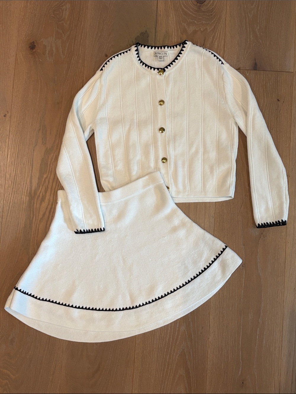 Crewcuts White Knit Cardigan & Skirt Set with Black Trim